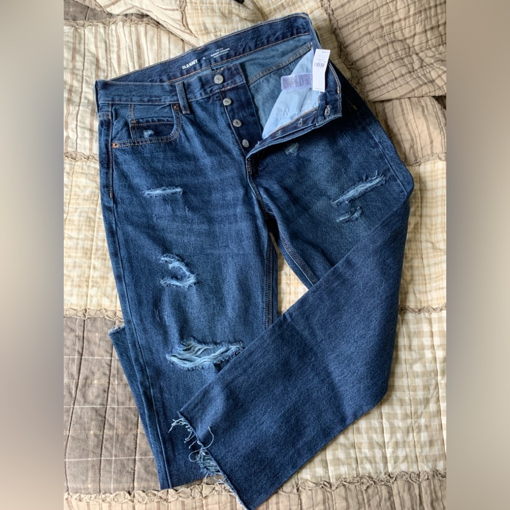 Old Navy High Rise Straight Jeans Button Fly High Waisted Dark Wash Slouchy